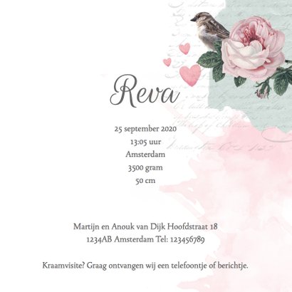 Geboortekaartje lief foto's, rozen en vogeltje 3