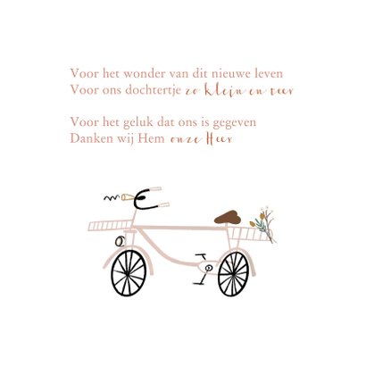 Geboortekaartje lief met roze fiets en boeketje 2