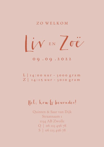 Geboortekaartje lief roze fietsjes tweeling 3