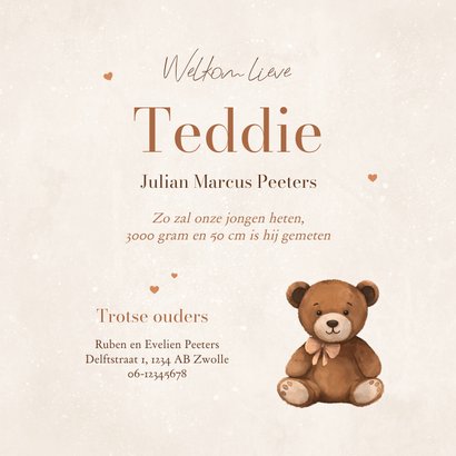 Geboortekaartje lief teddybeertje hartjes neutraal koper 3