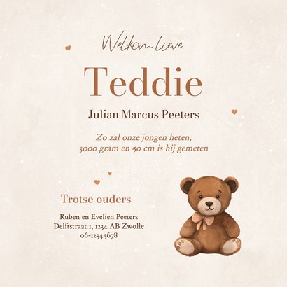 Geboortekaartje lief teddybeertje hartjes neutraal koper 3