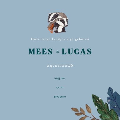 Geboortekaartje lieve dassen familie mama met tweeling 3