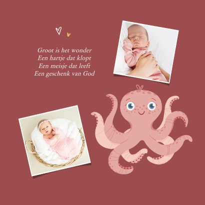 Geboortekaartje lieve octopus roze hartjes goud  2