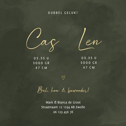 Geboortekaartje lijntekening van tweeling groene achtergrond 3