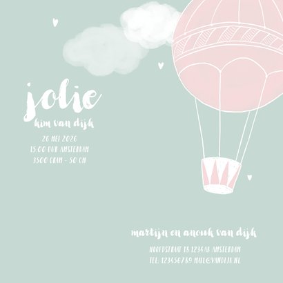 Geboortekaartje luchtballon wolken hartjes meisje 3