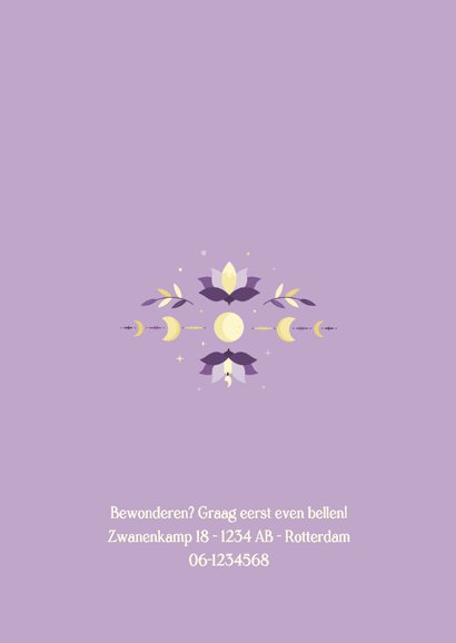 Geboortekaartje meisje astrologie met zon & maan symboliek Achterkant