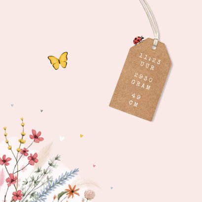 Geboortekaartje meisje bloemen lief hartjes label dieren 2