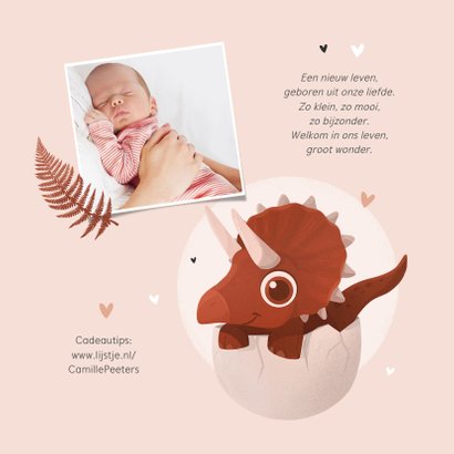 Geboortekaartje meisje dino goud hartjes Triceratops roze 2