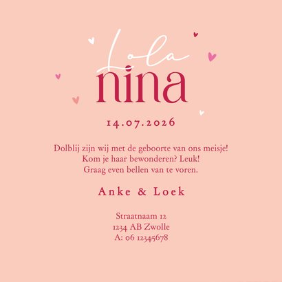 Geboortekaartje meisje groovy roze hartjes origineel 3