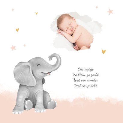 Geboortekaartje meisje hartjes goud waterverf olifant 2