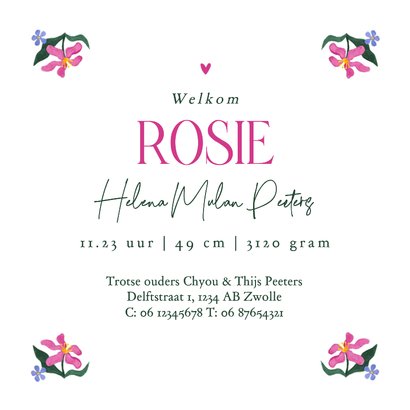 Geboortekaartje meisje hip bloemen patroon waterverf Achterkant