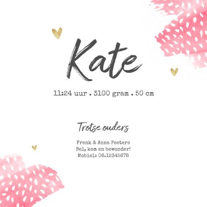 Geboortekaartje meisje hip waterverf roze stipjes hartjes 3