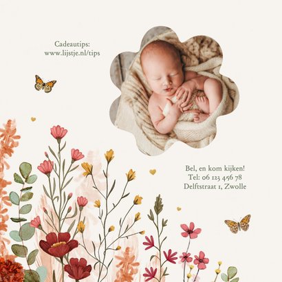 Geboortekaartje meisje lente wilde bloemen vlinders hartjes 2