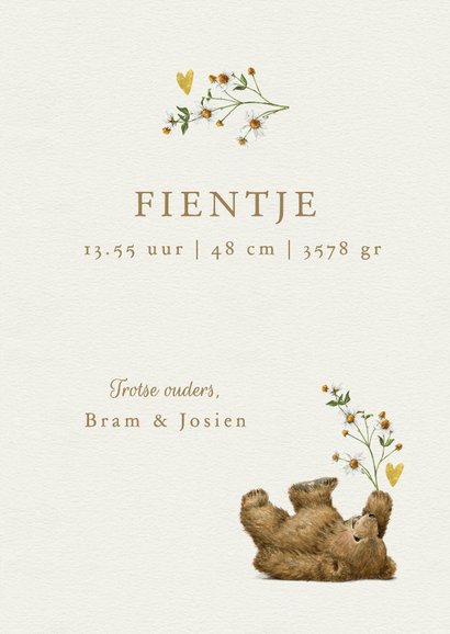 Geboortekaartje meisje met beertje en bloem met hartjes 3
