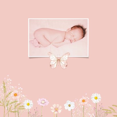 Geboortekaartje meisje met bloemen en vlinder 2