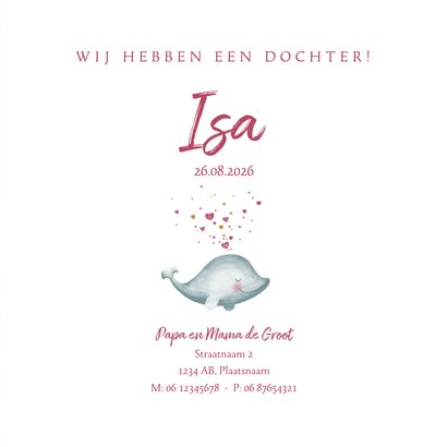 Geboortekaartje meisje met een lief dolfijntje met hartjes 3