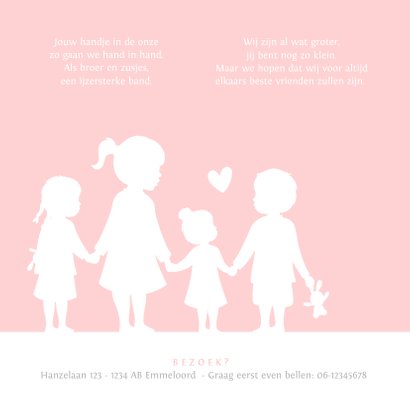 Geboortekaartje meisje met een silhouet van 4 kinderen 2