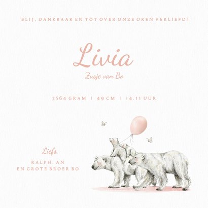 Geboortekaartje meisje met ijsbeer familie onder de zon 3
