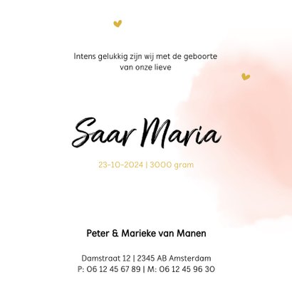 Geboortekaartje meisje met roze waterverf en regenboog 3