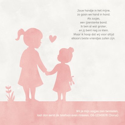 Geboortekaartje meisje met zusje hand in hand in volle maan 2