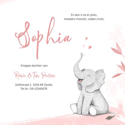 Geboortekaartje meisje olifant dieren roze illustratie 3