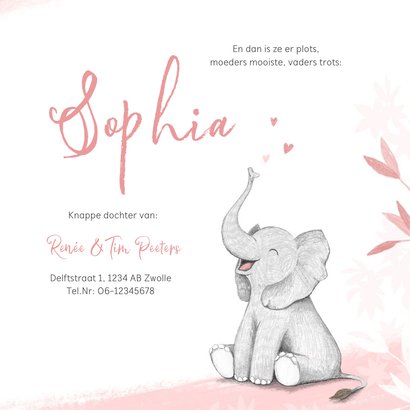 Geboortekaartje meisje olifant dieren roze illustratie 3