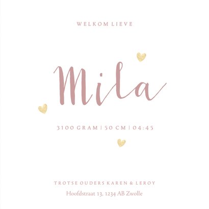 Geboortekaartje meisje roze waterverf en foliedruk hartjes 3