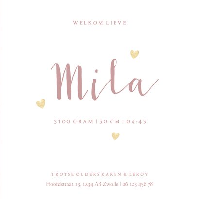 Geboortekaartje meisje roze waterverf en foliedruk hartjes Achterkant