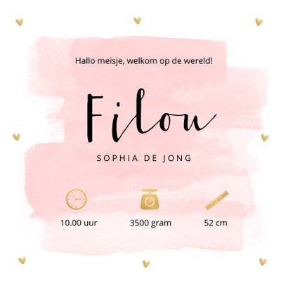 Geboortekaartje meisje roze waterverf goudlook hartjes 3