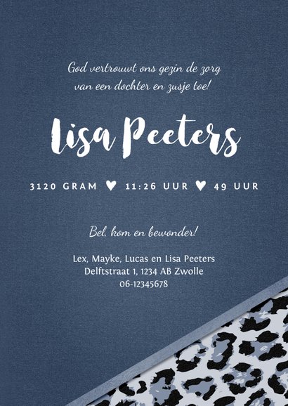 Geboortekaartje meisje stoer panterprint blauw hartje 3