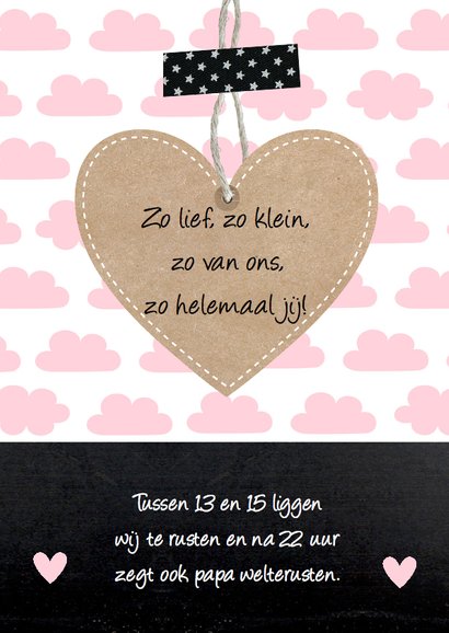 Geboortekaartje meisje wolkjes krijtbord roze 2
