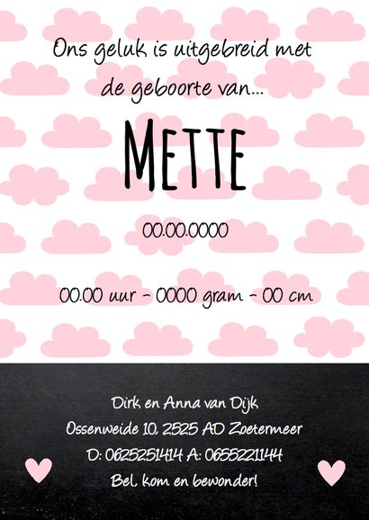 Geboortekaartje meisje wolkjes krijtbord roze 3
