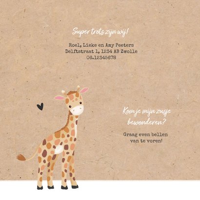 Geboortekaartje meisje zusje giraf kraft hartjes 2