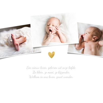 Geboortekaartje met 3 foto's en goudaccenten 2