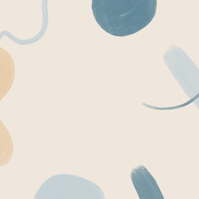 Geboortekaartje met abstracte schilderingen in blauw beige Achterkant