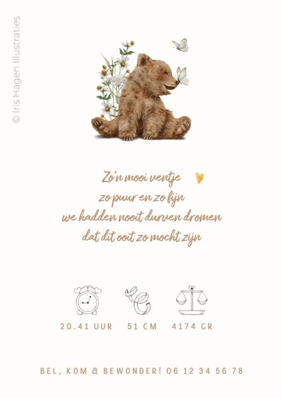 Geboortekaartje met beertje en vlinder tussen de bloemen 2