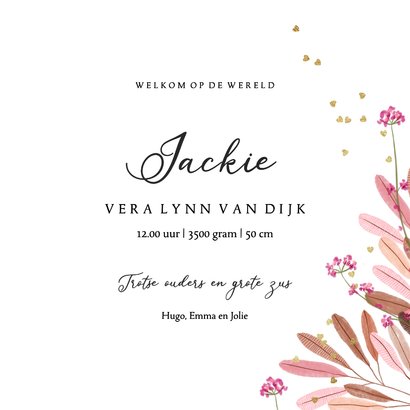 Geboortekaartje met bladeren, bloemen en gouden hartjes 3