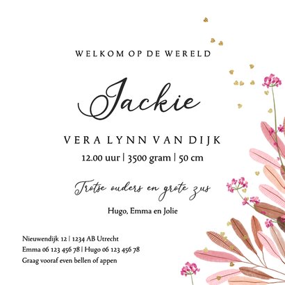 Geboortekaartje met bladeren, bloemen en gouden hartjes Achterkant