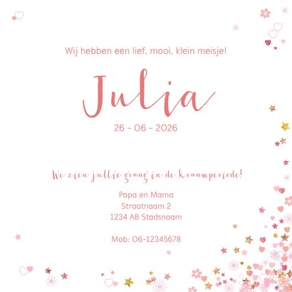 Geboortekaartje met een hart met vele hartjes en sterren 3