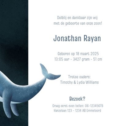 Geboortekaartje met een illustratie van walvis in de zee 3