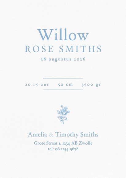 Geboortekaartje met foto en vintage patroon blauwe rozen 3