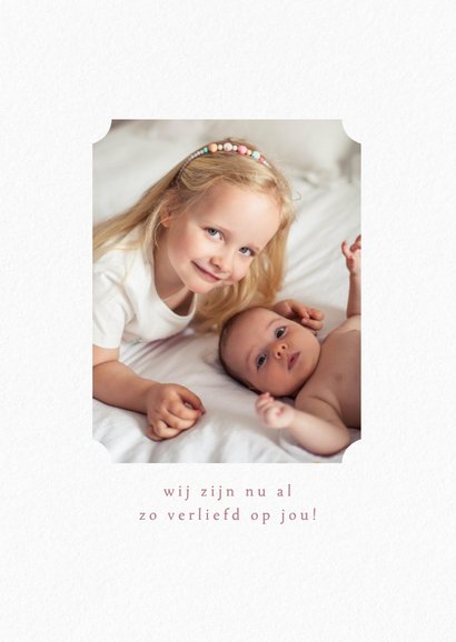 Geboortekaartje met fotocollage en vintage roze roosje 2