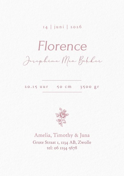 Geboortekaartje met fotocollage en vintage roze roosje 3