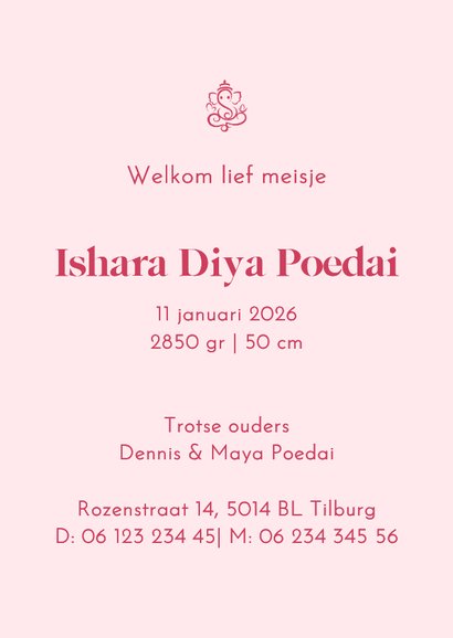 Geboortekaartje met Ganesha en baby meisje in wieg 3