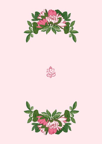 Geboortekaartje met Ganesha en baby meisje in wieg Achterkant