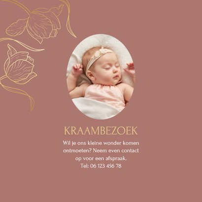 Geboortekaartje met gouden bloemen kader vintage roest rood 2