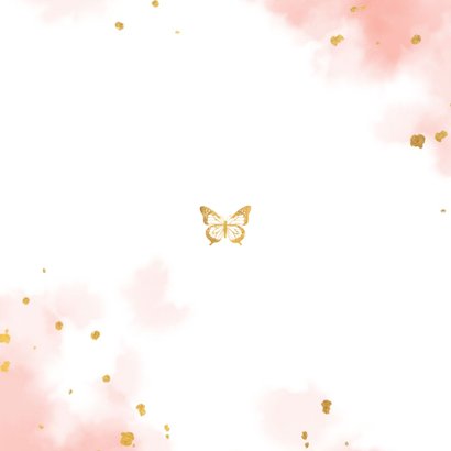 Geboortekaartje met gouden vlinder en waterverf Achterkant