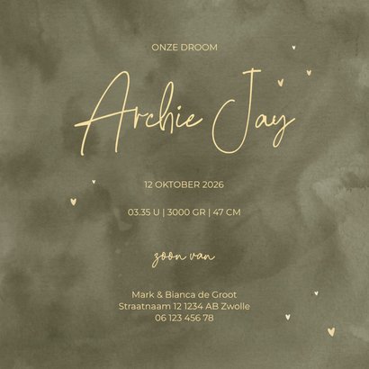 Geboortekaartje met groene waterverf en goudfolie hartjes 3