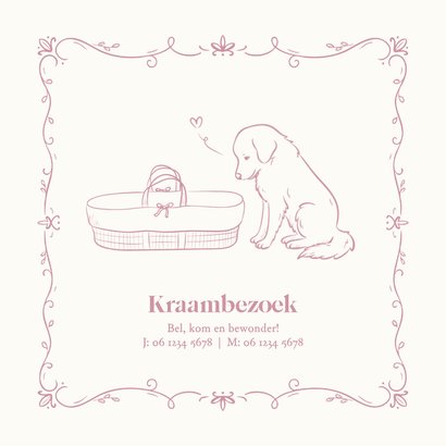 Geboortekaartje met illustratie hondje bij wieg roze 2