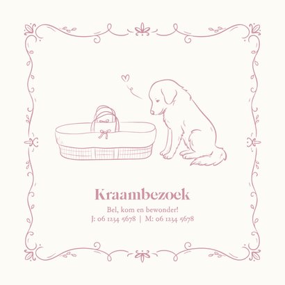 Geboortekaartje met illustratie hondje bij wieg roze 2